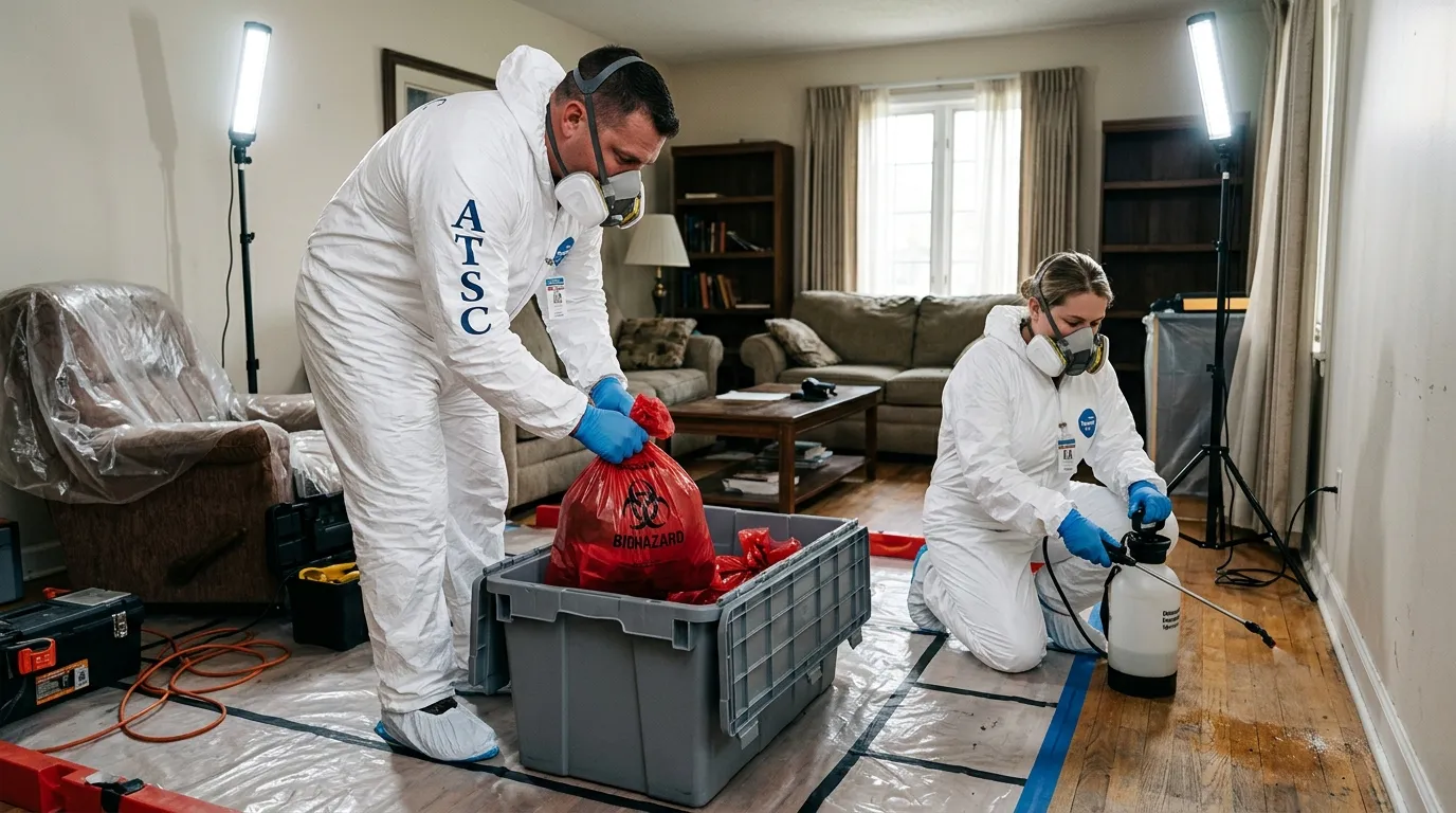 Professional Biohazard Cleanup technician in full PPE working in Safford